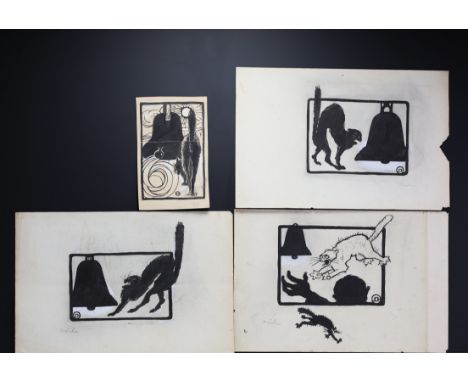 Theophile Alexandre STEINLEN (1859-1923) Four Indian ink drawings of the black cat, research study for the sign. - Weight: 76