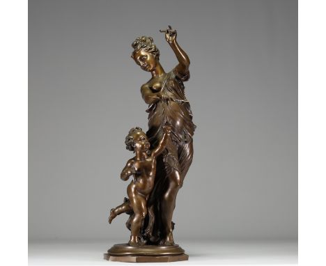 Charles BRUNIN (1841-1887) "Venus playing with Cupid" Sculpture in bronze with a medallic patina, stamped by the Luppens foun