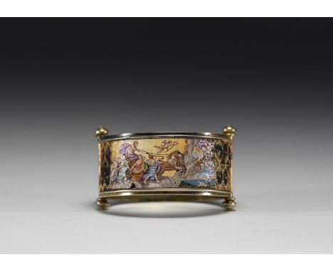 "Souvenir de Rome". Silver cuff bracelet decorated with a micro mosaic after Guido Reni's fresco, circa 1870. The mosaic is m