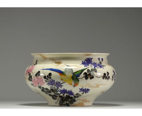 Henri BARNOIN - Large Longwy earthenware cache pot decorated with birds, dragonfly and flowers, 19th century. Signed Barnoin 