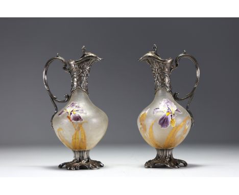 Victor SAGLIER (1840-1890) Pair of enamelled frosted glass ewers with iris flower decoration, silver-plated metal mount, V S 