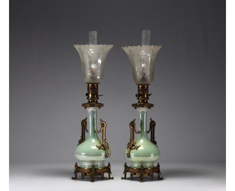 Theodore DECK (1823-1891) attr. a - Pair of celadon porcelain and gilt bronze oil lamps, cut glass wicks. - Weight: 11.45 kg 