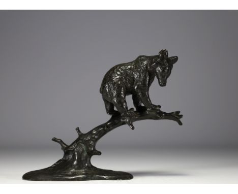 Anton BUSCHELBERGER (1869-1934) "Young bear on the branch" Sculpture in bronze with green and black patina. Signed and stampe