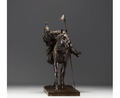 Ferruccio CRESPI (1861-1891) "Le guetteur, lancier de Savoie" Bronze sculpture, 19th century. Signed on the terrace. - Weight
