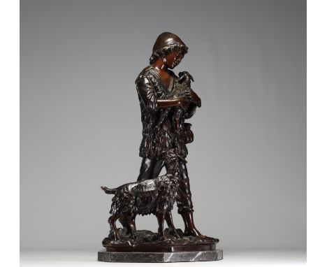 Vincenzo CINQUE (1852-1929) "Young shepherd" Large bronze with brown patina, signed on the terrace. - Weight: 25.00 kg - Ship