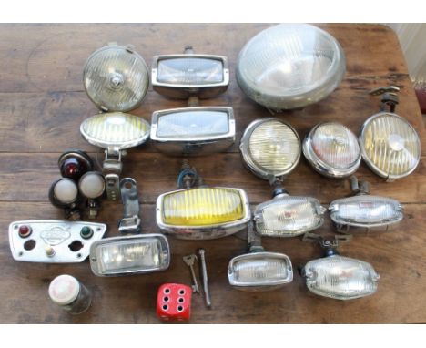 Collection of vintage car lights. Rear lights, fog lights, Small wing lights, reversing lights, Made by Lucas, Bosch, Hella ,