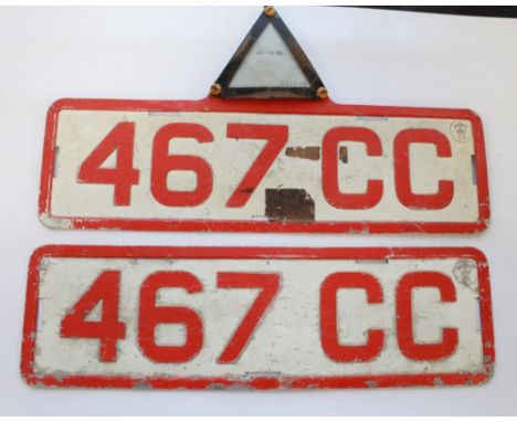 Two trade number plates, two vintage car plates, police sign,  GB sign, Route 66 road sign, Shell Gas Oil dispenser plate.