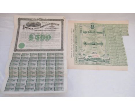 USA State of Indiana Indiana Coal and Railway Company $500 or £100 First Mortage Bond No.2795 and a Fayoum Light Railways Com