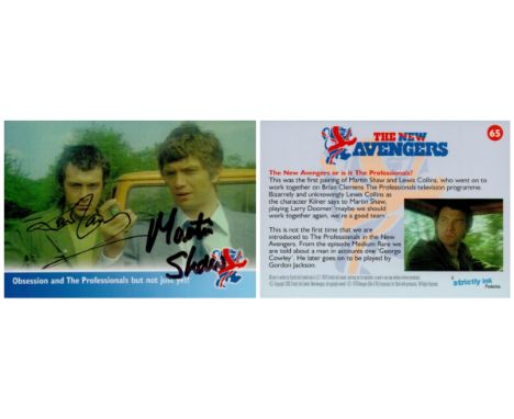 Lewis Collins (1946 2013) and Martin Shaw, a rare dual signed "The New Avengers" Trading Card (No. 65), produced by Strictly 