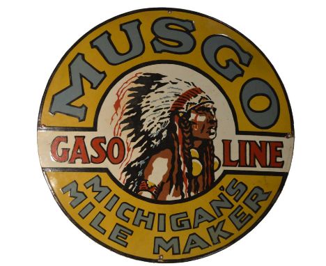 An enamel advertising sign, Musgo Gasoline, Michigan's Mile Maker, 64cms diameter.