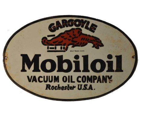 An enamel advertising sign, Gargoyle Mobiloil Vacuum Oil Company, Rochester U.S.A., 40 x 26cms.