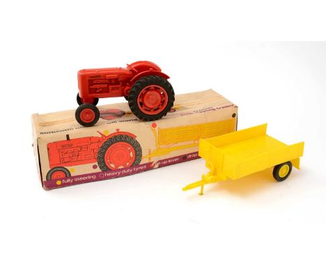 Rovex Triang No. 1129 Raphael Lipkin Large Scale Plastic Nuffield Universal Tractor and Trailer set, the tractor in red and t