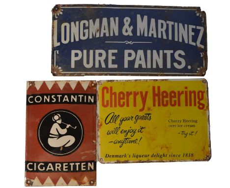 Three enamel advertising signs, Constantin Cigaretten, 28.5 x 19cms; Longman &amp; Martinez Pure Paints, 43 x 20.5cms; and Ch