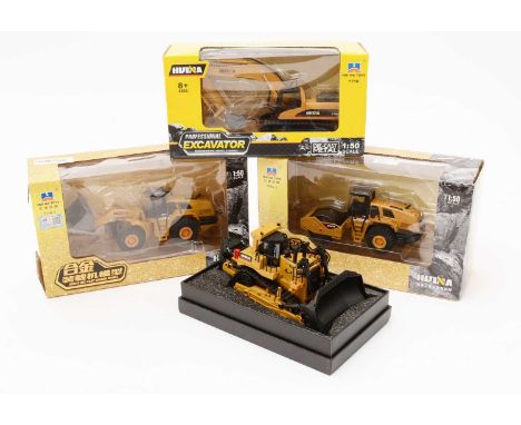 Hui Na Toys: four 1:50 scale diecast construction vehicles, including: 1710 excavator; 7714-1 loader; 7715-1 roller; and anot