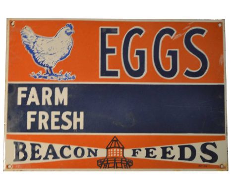 An enamel advertising sign, Beacon Feeds, Eggs Farm Fresh, 40 x 29cms. 