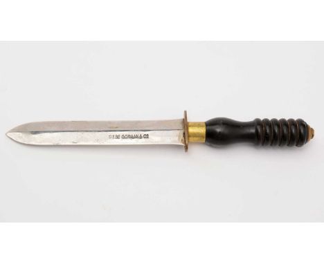 Siebe Gorman &amp; Co diving knife, the 19cms double edged blade with maker's mark, on a hilt with brass guard and black ribb