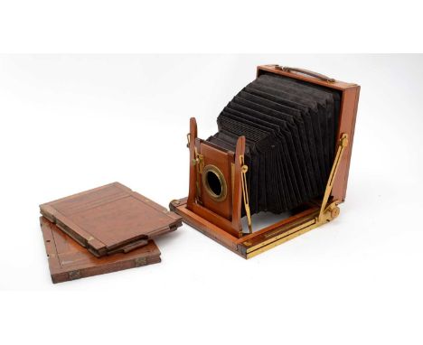 A J. Lizars, Glasgow, "Challenge" mahogany and brass plate camera; and two mahogany dark-slides.