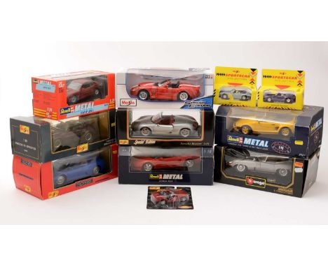 A selection of 1:18, 1:24, and other scale diecast model vehicles, makers to include: Miasto; Borago; and Revell, all boxed. 