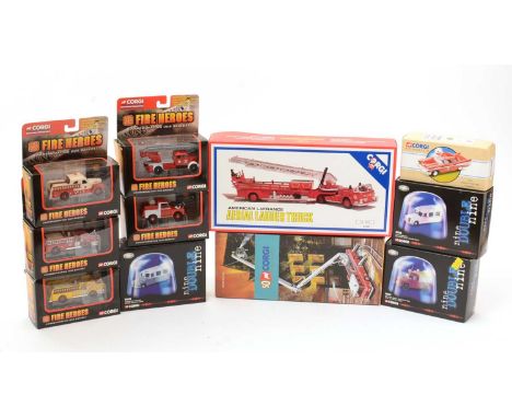 Corgi diecast model fire brigade vehicles to include: a Dennis F125 Simon Snorkel SS263, AN13009; an American La France Aeria