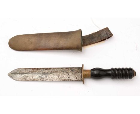 A divers knife by Siebe Gorman and Co, with brass guard, moulded handle and brass scabbard with leather belt hook, 34cms long