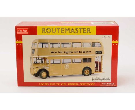 Sunstar Limited Edition 1:24 scale diecast model Routemaster Bus for the 50th Anniversary of London Transport in gold, Limite