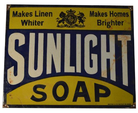 An enamel advertising sign, Sunlight Soap, Makes Linen Whiter, Makes Homes Brighter, by British E.L. Co., Saltley Rd. Birming
