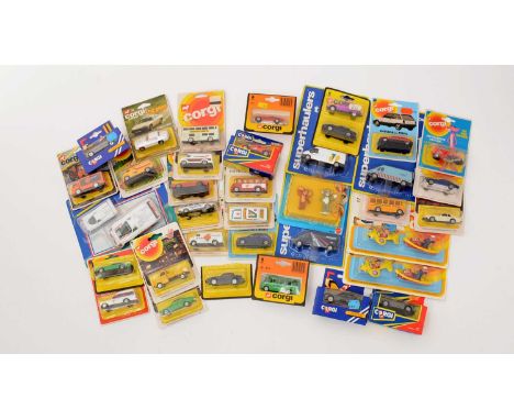 Corgi small-scale diecast model vehicles, including: sports cars; ambulance; buses; and others, boxed and in blister packs. (