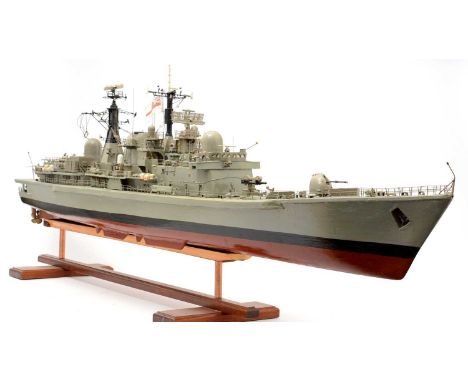 A 1/72nd scale painted wood model of The Royal Naval Type 42 Destroyer HMS York (1982-2012), with full deck-fittings and deta