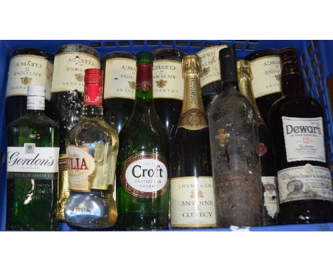 Mixed lot: to include seven bottles of Antoine de Clevecy Champagne, Gordons Gin, Croft Sherry, Dewars Scotch Whicky and othe