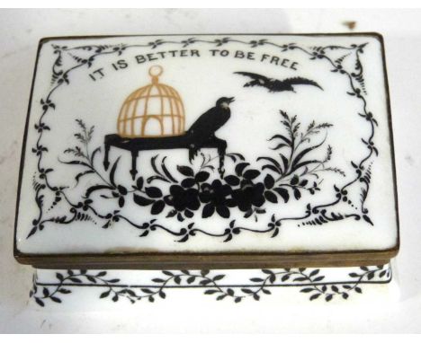 A Crown Staffordshire patch box with painted design of crows by a bird cage with the slogan "It is better to be free"