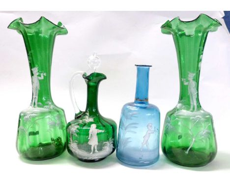 A group of glass wares with Mary Gregory type painted decoration of children  including two green glass vases with shaped top