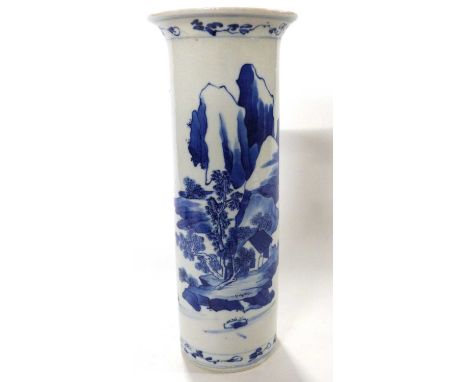 A 19th Century Chinese porcelain vase of cylindrical form painted with a landscape scene, four character Kangxi mark to base,