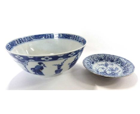 A late 19th Century Chinese bowl decorated in Kangxi style with alternating panels of figures and landscapes the well with a 