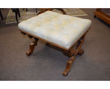 A Victorian button upholstered footstool with rectangular top over a X formed base with central stretcher, 60cm wide