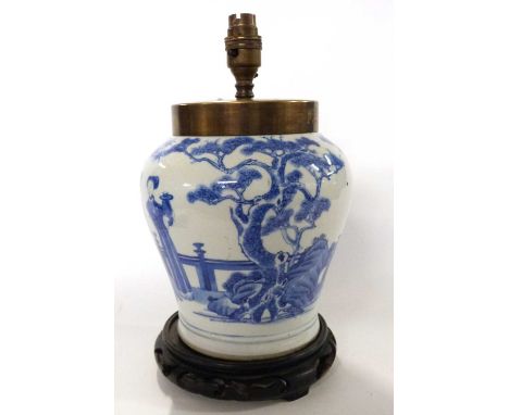 A 19th Century Chinese porcelain jar converted into a lamp base finely painted with Chinese figures in Kangxi style.23 cm hig