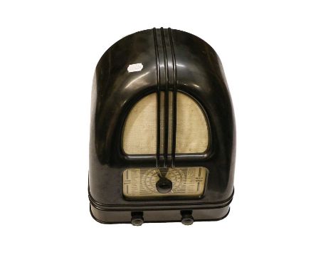 1936-7, in black arched bakelite case with triple ribbed detail speaker bars, two wavebands, (back panel and small twin knobs