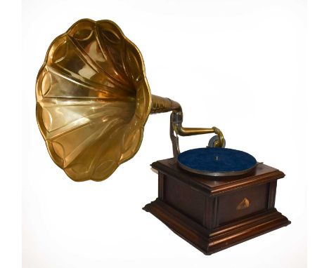  marked His Master's Voice with LIMIT soundbox, sectional pressed brass horn, gooseneck tonearm on bracket, speed regulator a