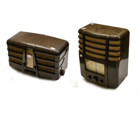 in black bakelite case with red speaker cloth (missing speaker fret); an Ekco Type AW69 in upright brown bakelite case; and a