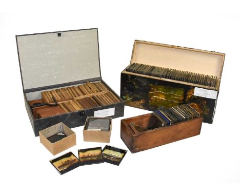 a collection of 50 stereo slides of Swiss scenes; together with a box of small colour magic lantern slides with wooden frames