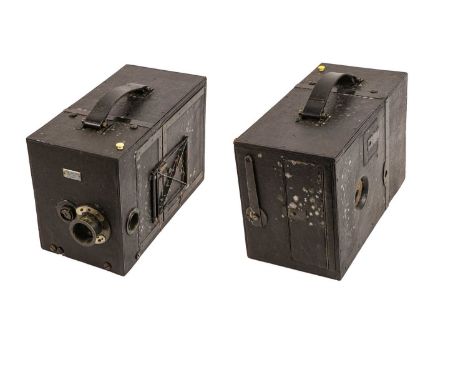 with unmarked lens and three mahogany film canisters and circular tripod mount, in two leather cases 'James A Sinclair' with 