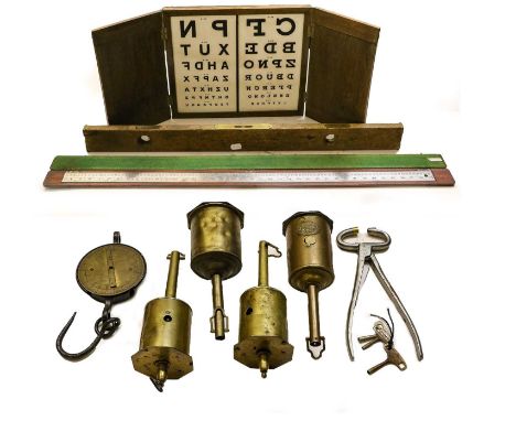 including various woodworking tools, a shuttle, blood pressure kit, opticians letter chart and others (qty)