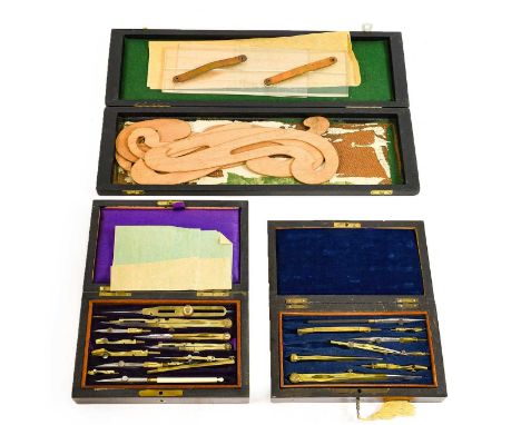 including Pracision large set, Wichmann 360 degree compass, Grey &amp; Rushton set of wooden curves, two sets in mahogany cas