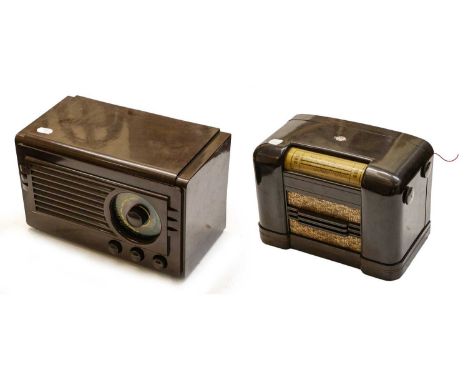 a Radio Rentals three-band receiver with circular dial; a Marconi three-band set, in gilt line decorated brown bakelite case;