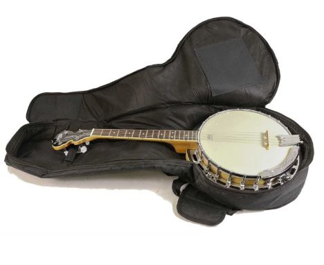 Model No.TWB24M4, 4 strings, 17 frets, 11" head, 24 lugs, removable resonator, rosewood fingerboard, rear of headstock has se