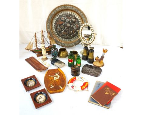 LOT OF MIXED COLLECTABLESincluding Eastern circular hammered wall plaque, carved wooden jewellery boxes, composition sculptur