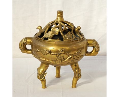 CHINESE BRASS CENSOR AND COVERdecorated with birds and flowers to the cover, the body decorated with cherry blossom and raise
