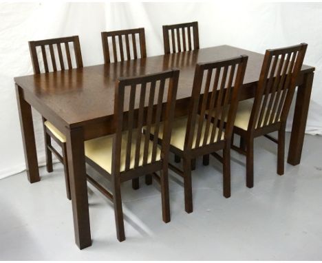 DARK OAK SEGMENTED PANEL SECTION DINING TABLEstanding on block supports, 180cm x 90cm, together with six high slat back dinin