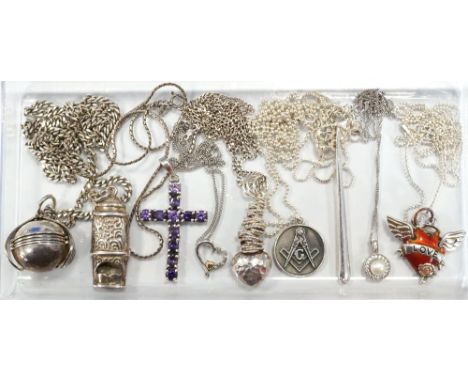 SELECTION OF SILVER PENDANTS AND CHAINSincluding a whistle pendant, an amethyst set cross pendant, a Masonic motif decorated 