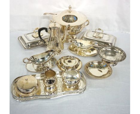 COLLECTION OF SILVER PLATED WARESincluding a serving bowl with cover and ladle, three piece coffee service, pair of entree di