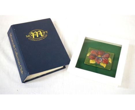 MOORCROFT POTTERY 'CLEMATIS' PATTERN PANELmounted under glass and in wooden frame, the panel 7cm x 9.3cm and labelled to vers